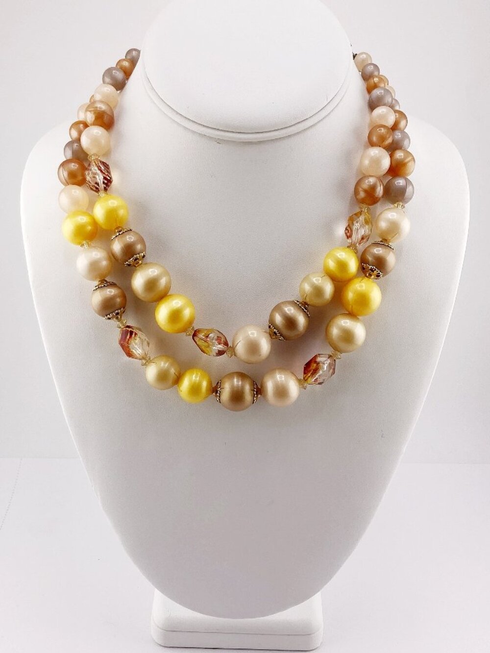 CORO Vintage yellow and brown beaded double strand necklace statement jewelry